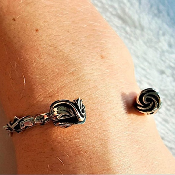 Rose Flower Sterling Silver Bangle Bracelet - Picture 7 of 14